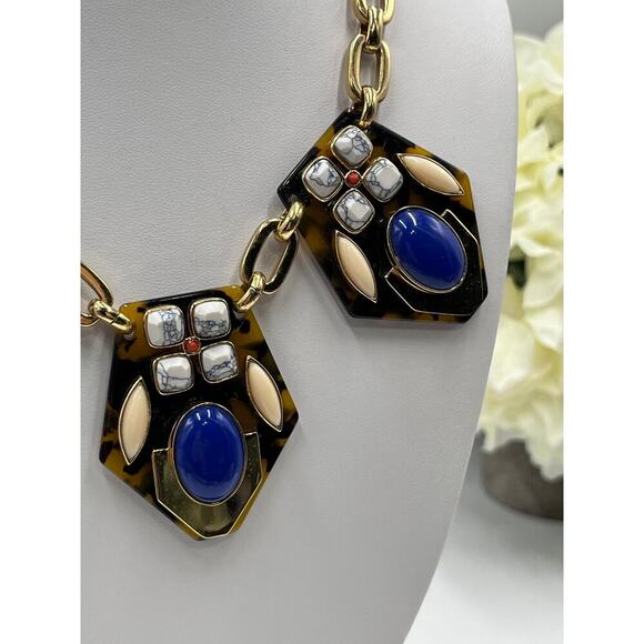 J. crew Blue Brown Tortoise Shell Rhinestone Statement necklace - Picture 4 of 8